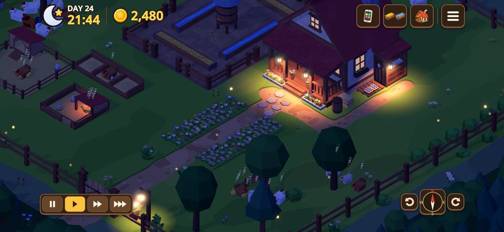 The farm at night: the farmhouse windows and lanterns glow, and the flock sleeps in the grass.