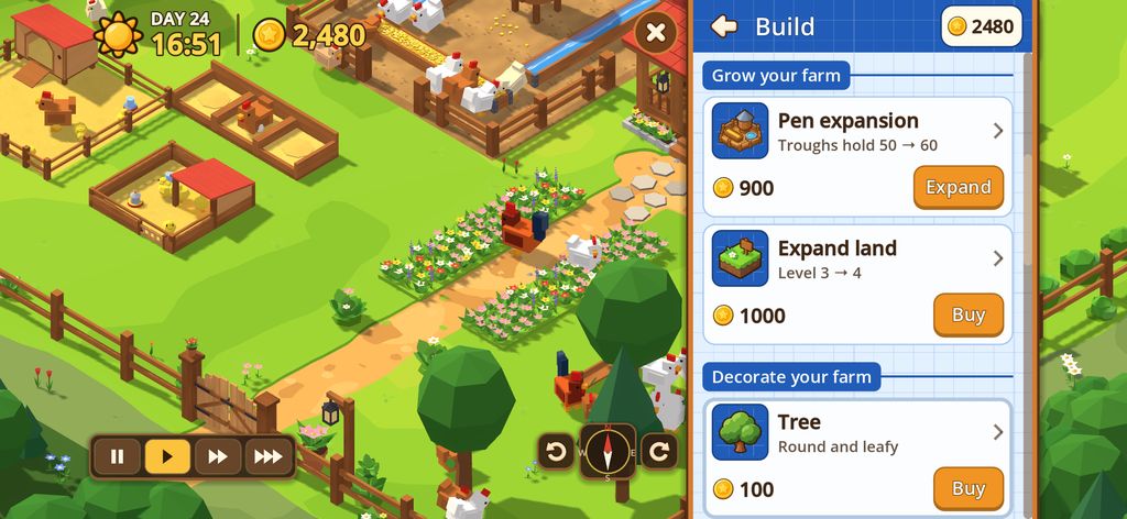 The Build app on the farm phone, open at Decorate your farm, beside the yard.