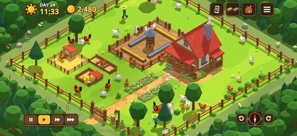 The whole farm at midday inside its forest: the pen, the farmhouse, the brooder, the nursery pen and the flock.